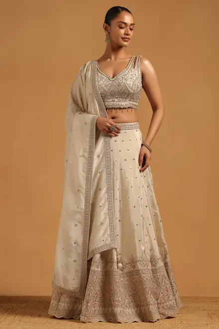 Cream Tissue Floral Lehenga Choli With Mirror And Cutdana